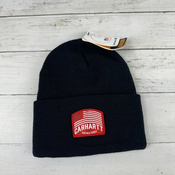 Carhartt Rib Knit‎ Beanie Flag Patch Navy Blue NEW Hat OS - Picture 1 of 6